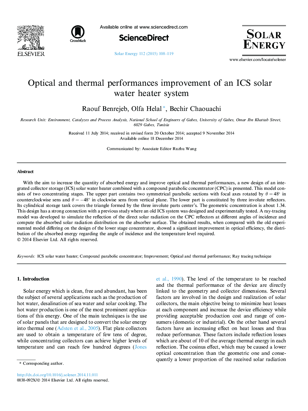 Optical and thermal performances improvement of an ICS solar water heater system