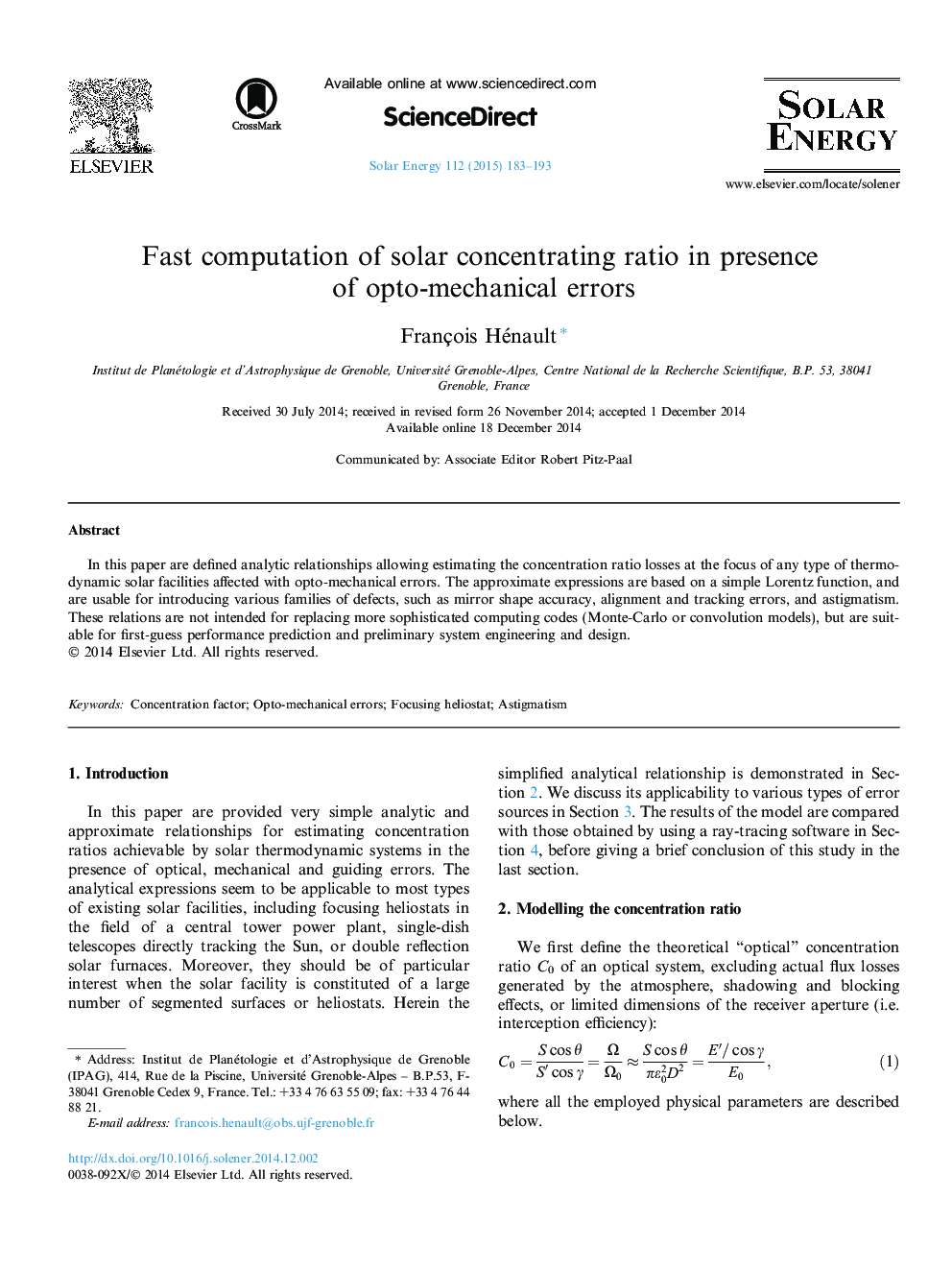 Fast computation of solar concentrating ratio in presence of opto-mechanical errors
