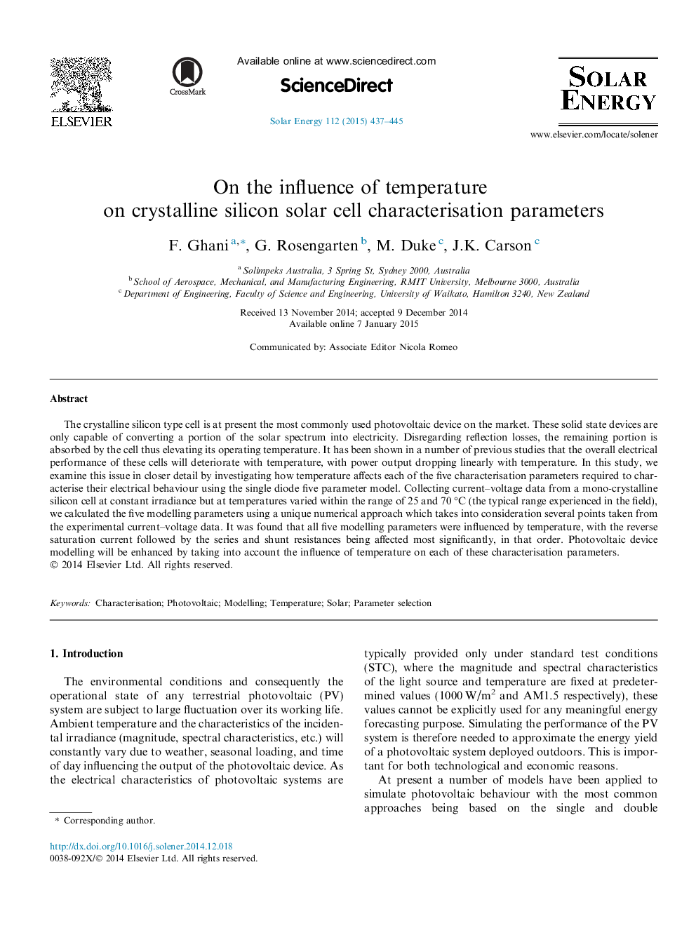 On the influence of temperature on crystalline silicon solar cell characterisation parameters