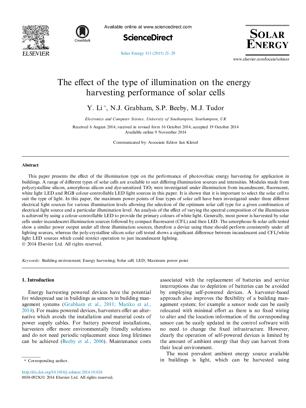 The effect of the type of illumination on the energy harvesting performance of solar cells