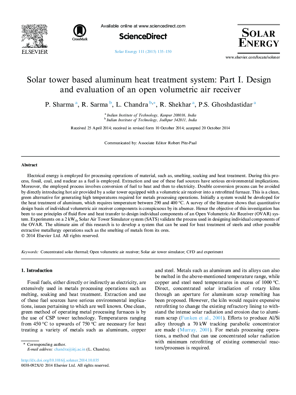 Solar tower based aluminum heat treatment system: Part I. Design and evaluation of an open volumetric air receiver