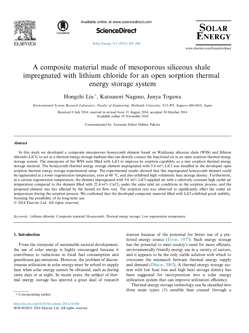 A composite material made of mesoporous siliceous shale impregnated with lithium chloride for an open sorption thermal energy storage system