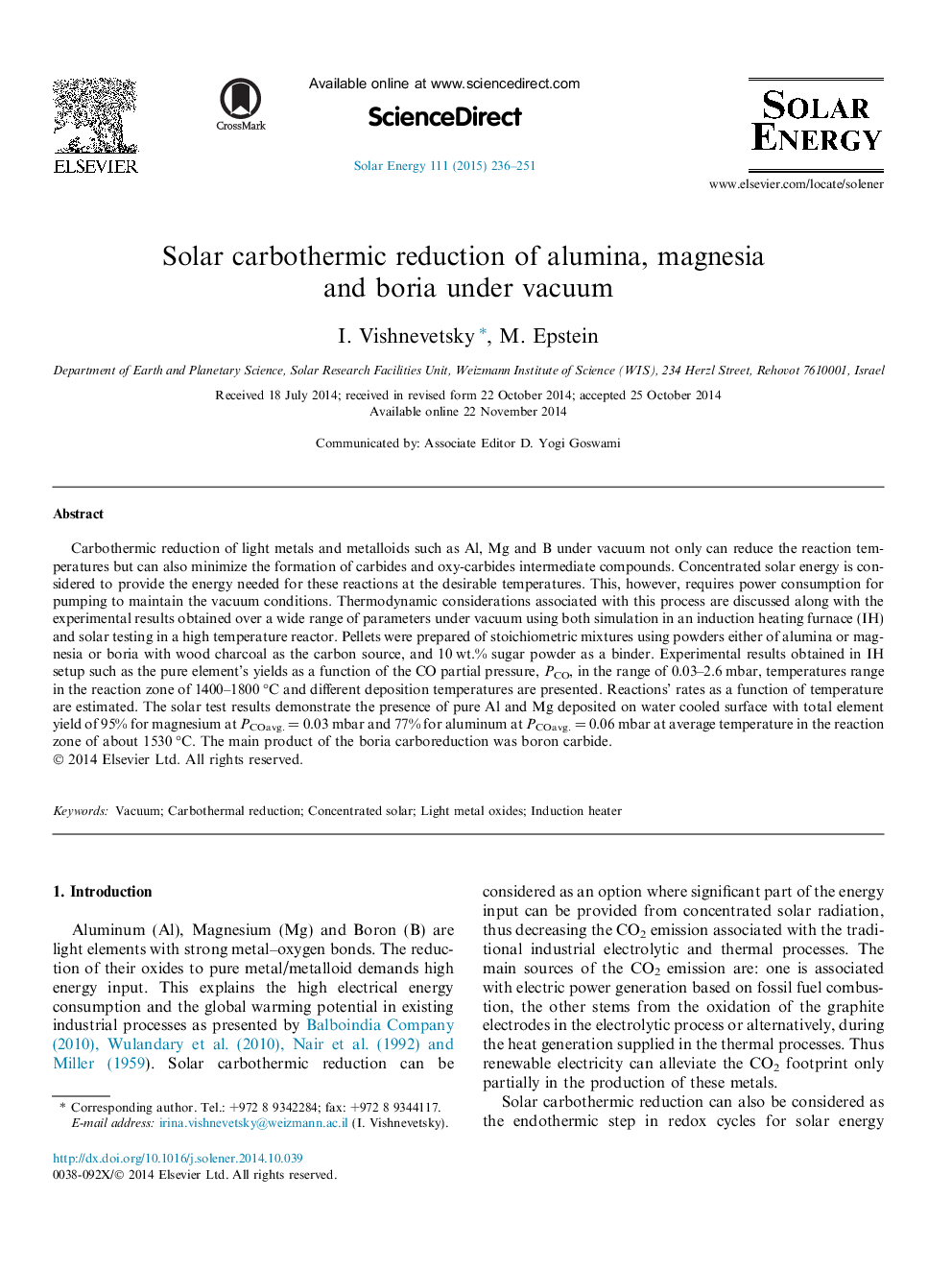 Solar carbothermic reduction of alumina, magnesia and boria under vacuum