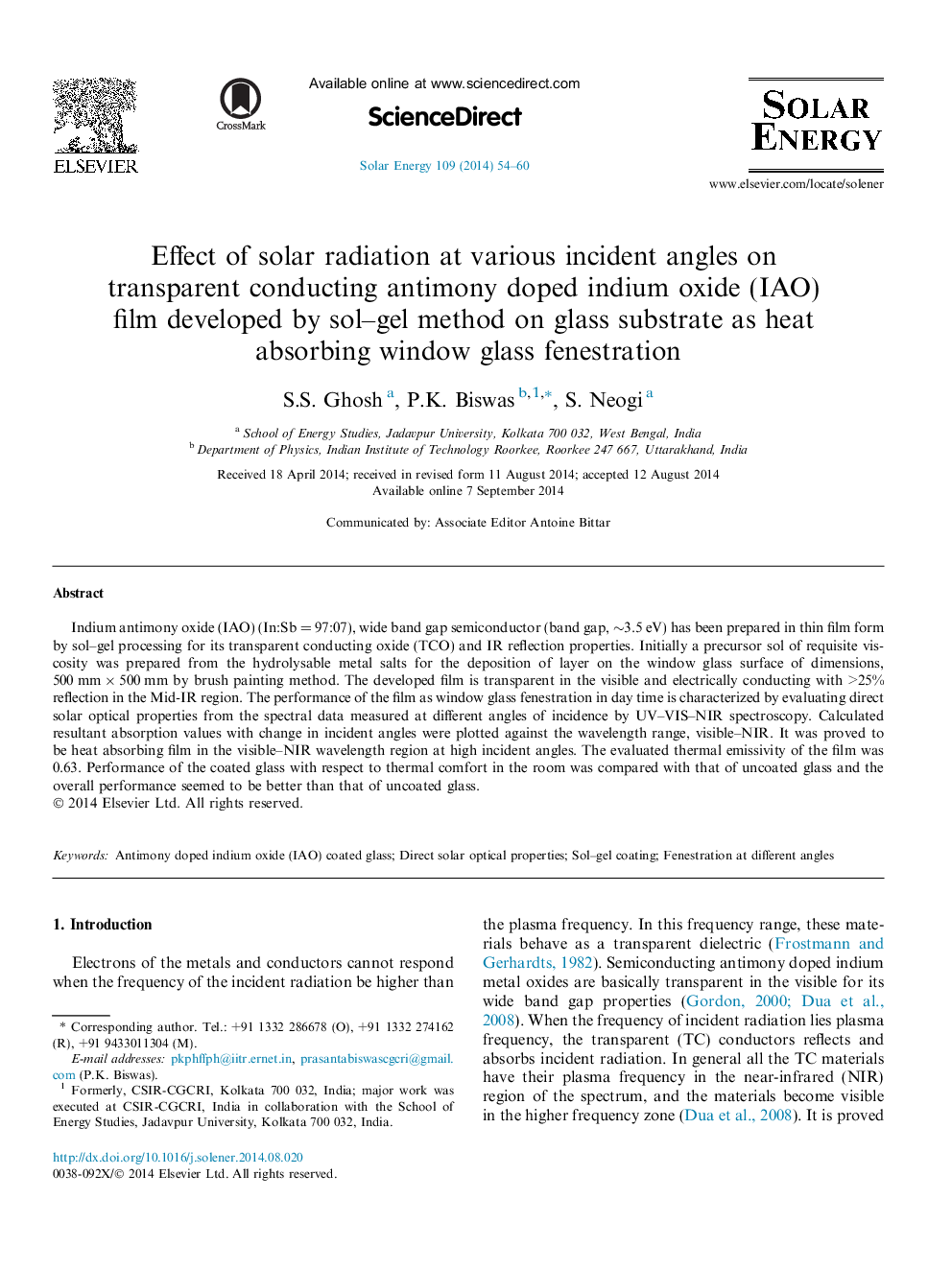 Effect of solar radiation at various incident angles on transparent conducting antimony doped indium oxide (IAO) film developed by sol–gel method on glass substrate as heat absorbing window glass fenestration