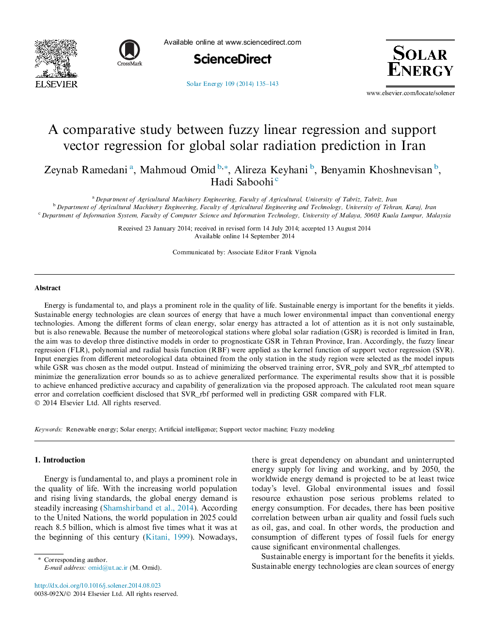 بررسی مقایسه ای بین رگرسیون خطی فازی و رگرسیون بردار حمایتی برای پیش بینی تابش خورشیدی در ایران 