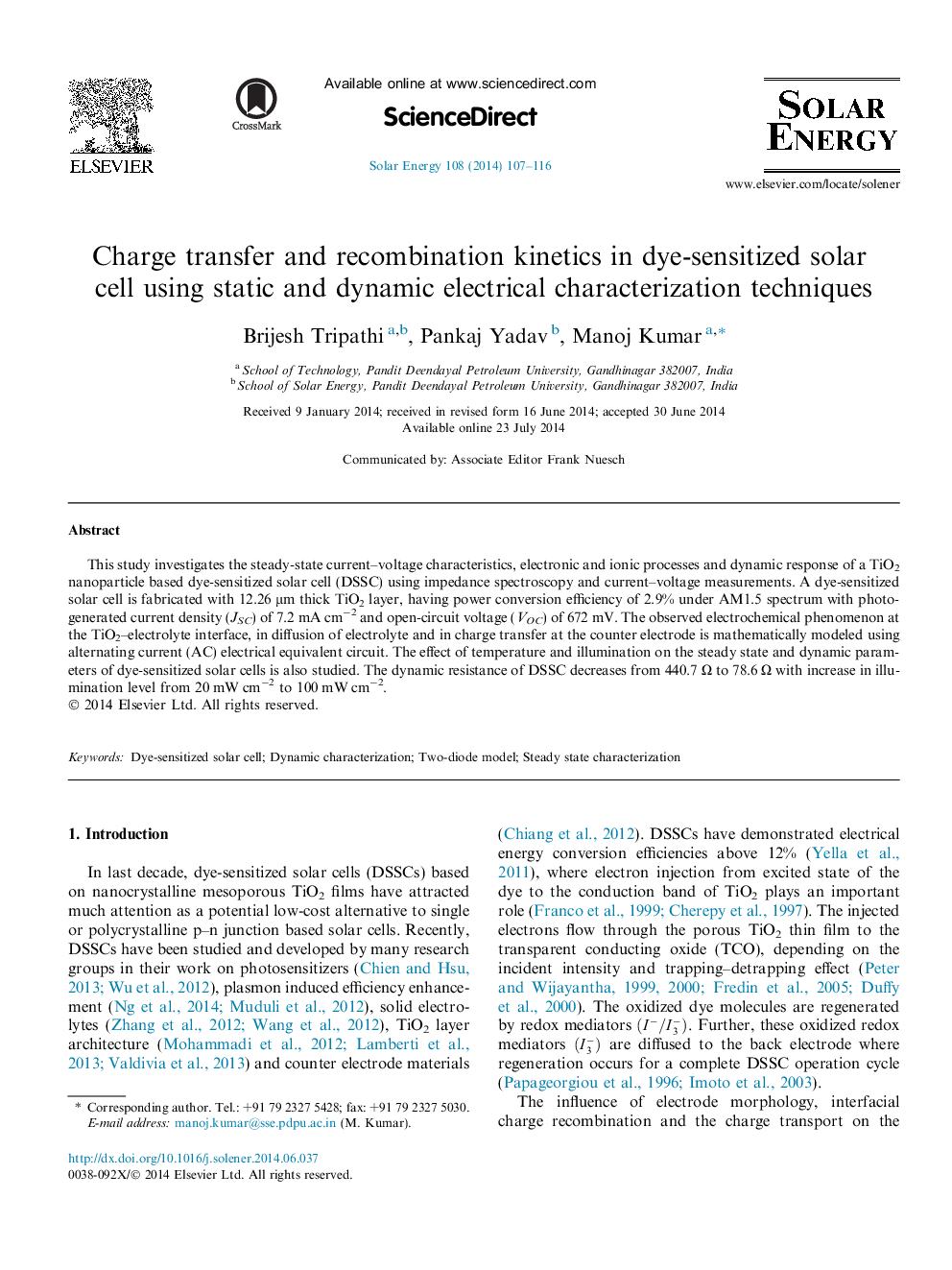 شارژ انتقال و سینتیک نوترکیب در سلول خورشیدی حساسیت شده با رنگ با استفاده از تکنیک های طبقه بندی الکتریسیته ساکن و پویا 