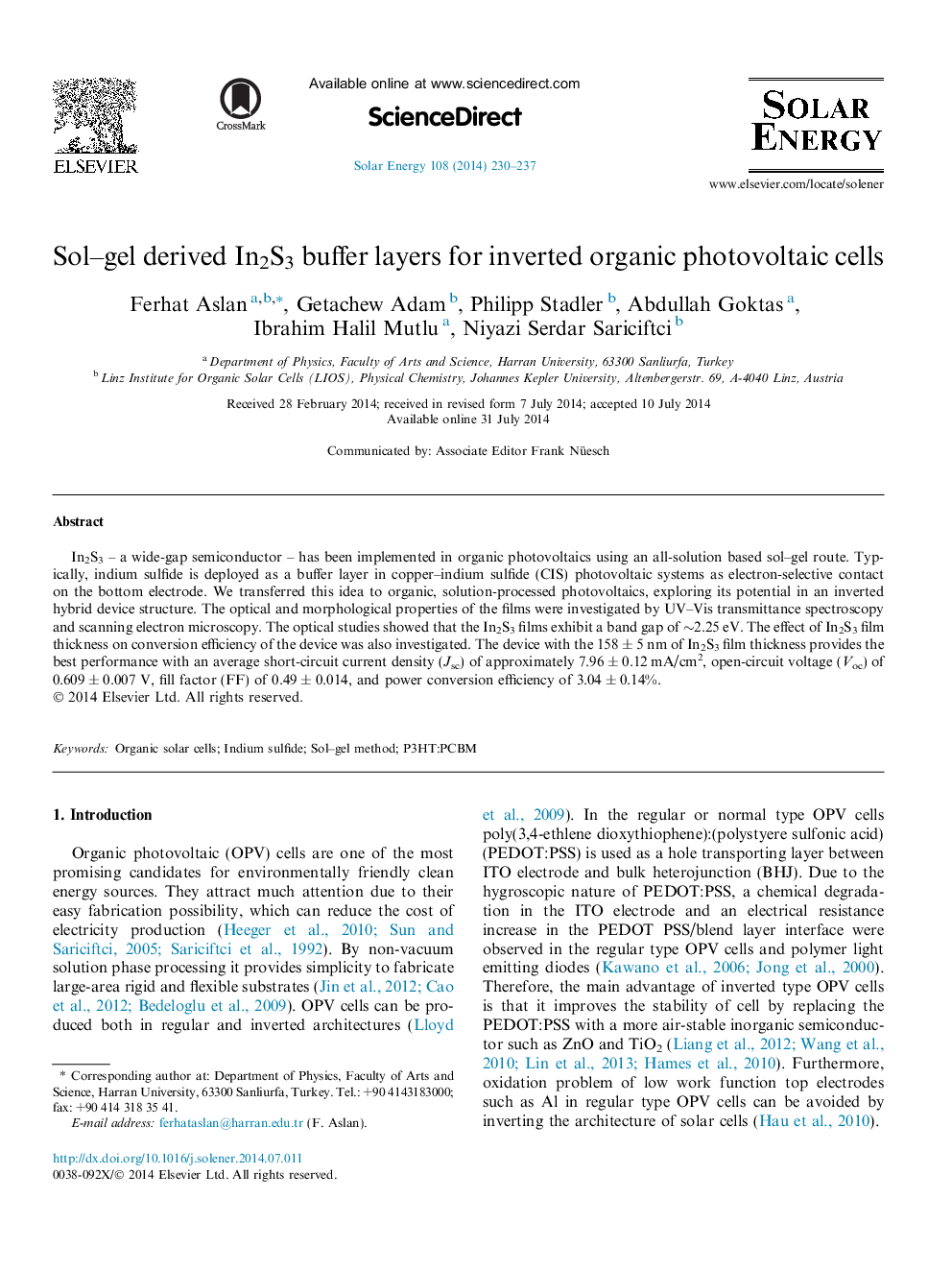 Sol–gel derived In2S3 buffer layers for inverted organic photovoltaic cells