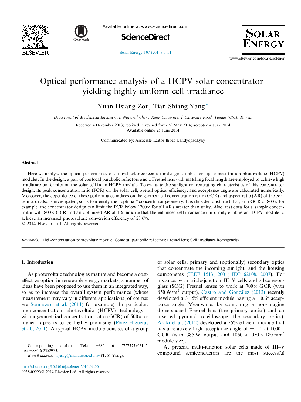 Optical performance analysis of a HCPV solar concentrator yielding highly uniform cell irradiance