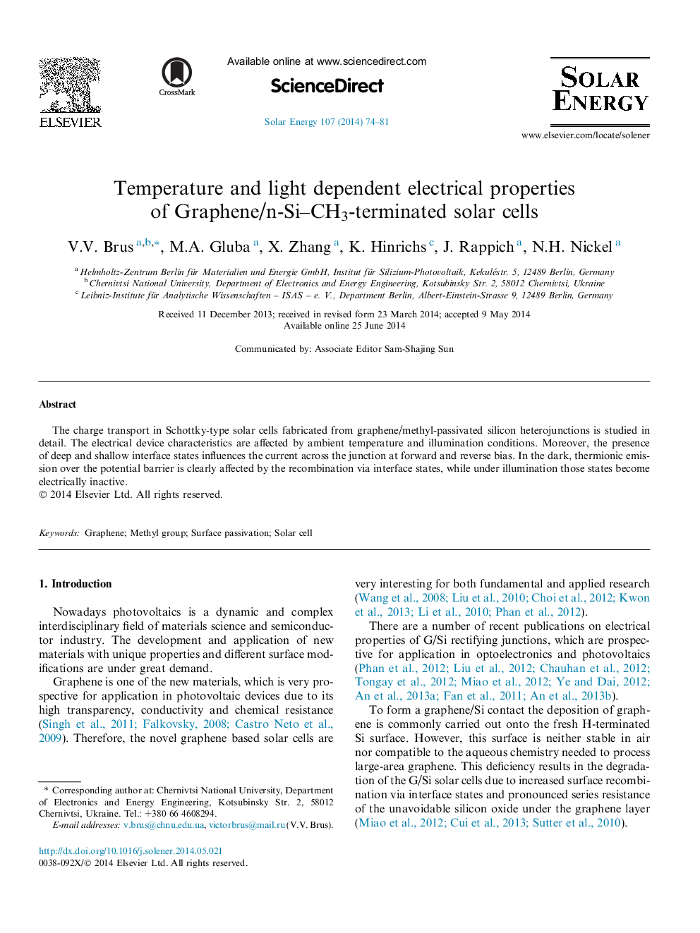 Temperature and light dependent electrical properties of Graphene/n-Si-CH3-terminated solar cells