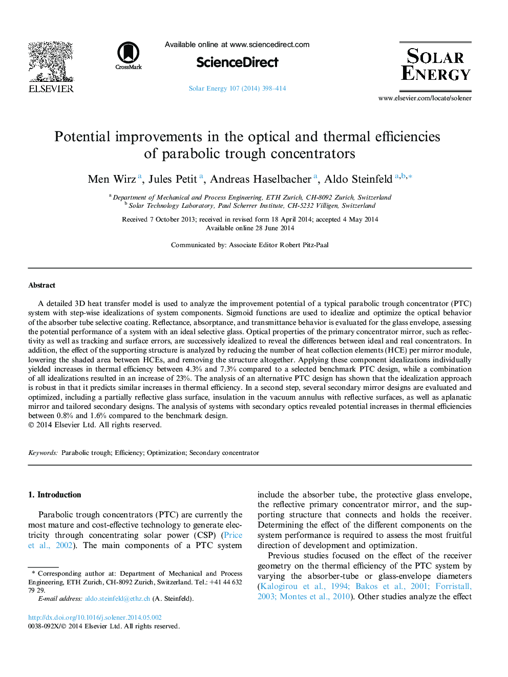 Potential improvements in the optical and thermal efficiencies of parabolic trough concentrators