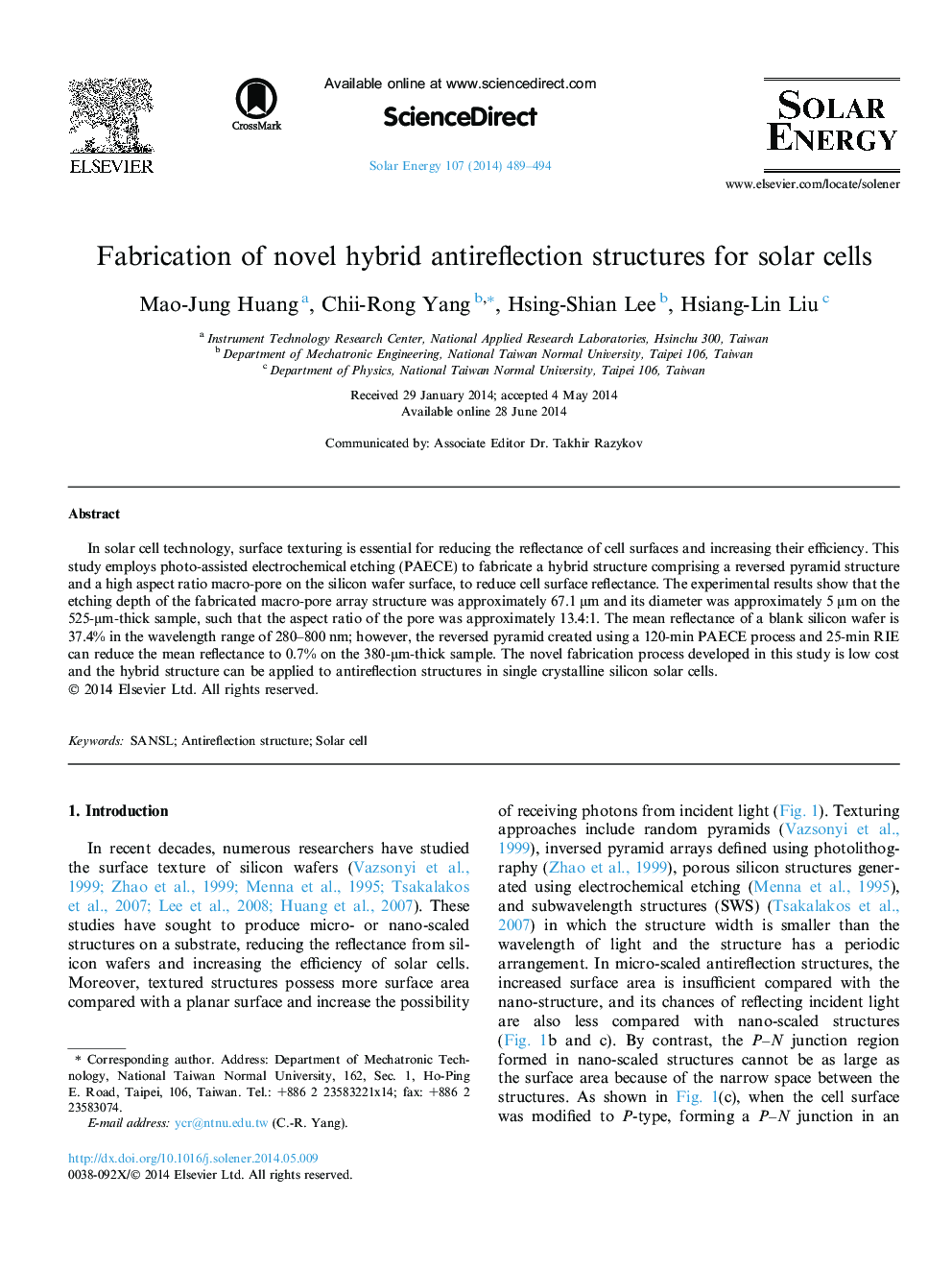 Fabrication of novel hybrid antireflection structures for solar cells