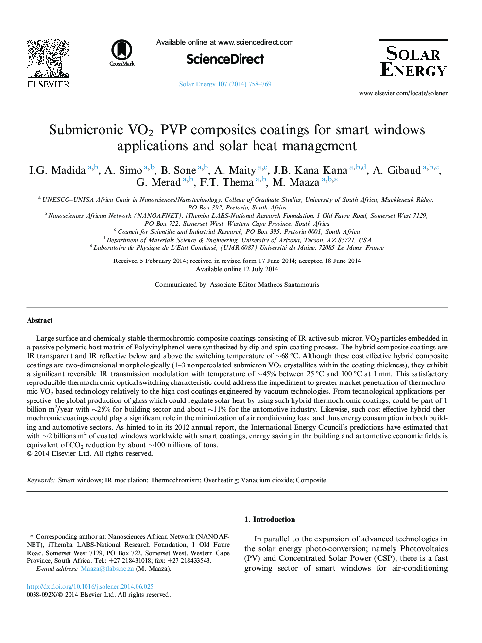 Submicronic VO2–PVP composites coatings for smart windows applications and solar heat management