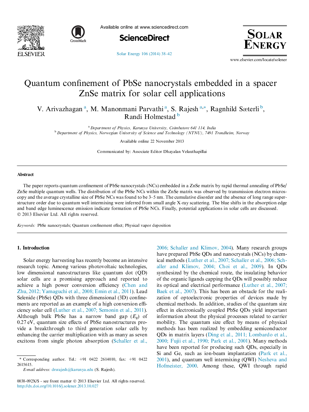 Quantum confinement of PbSe nanocrystals embedded in a spacer ZnSe matrix for solar cell applications