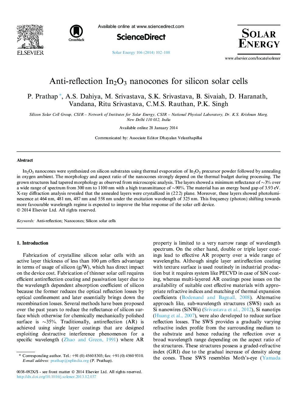 Anti-reflection In2O3 nanocones for silicon solar cells