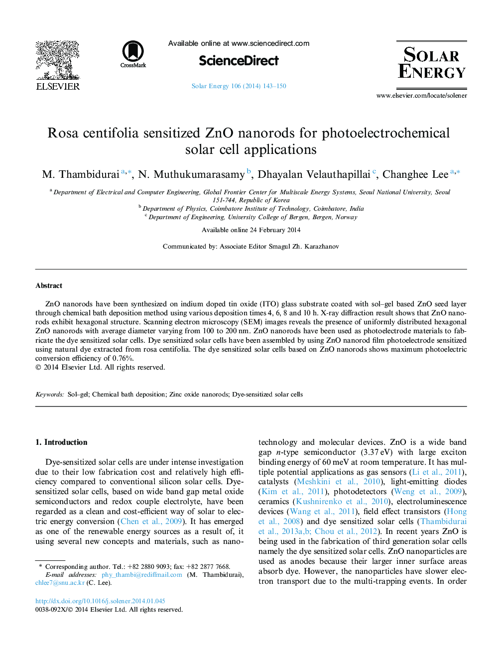 Rosa centifolia sensitized ZnO nanorods for photoelectrochemical solar cell applications