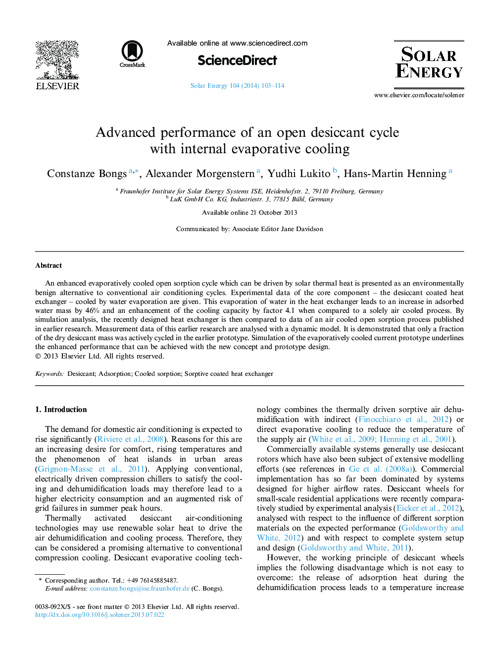 Advanced performance of an open desiccant cycle with internal evaporative cooling