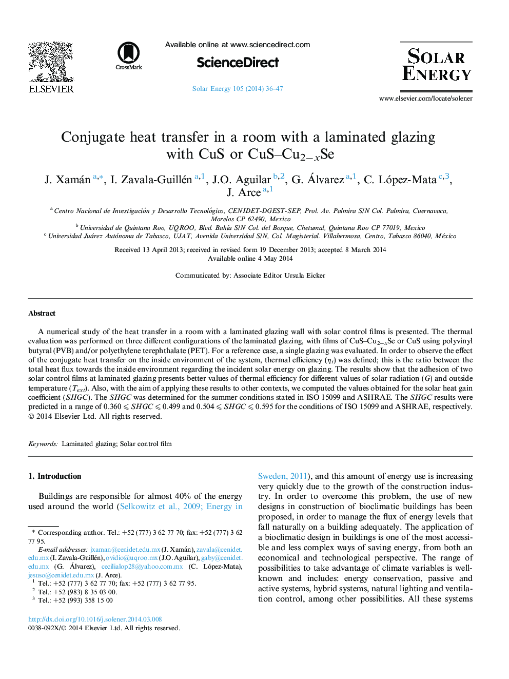 Conjugate heat transfer in a room with a laminated glazing with CuS or CuS–Cu2−xSe