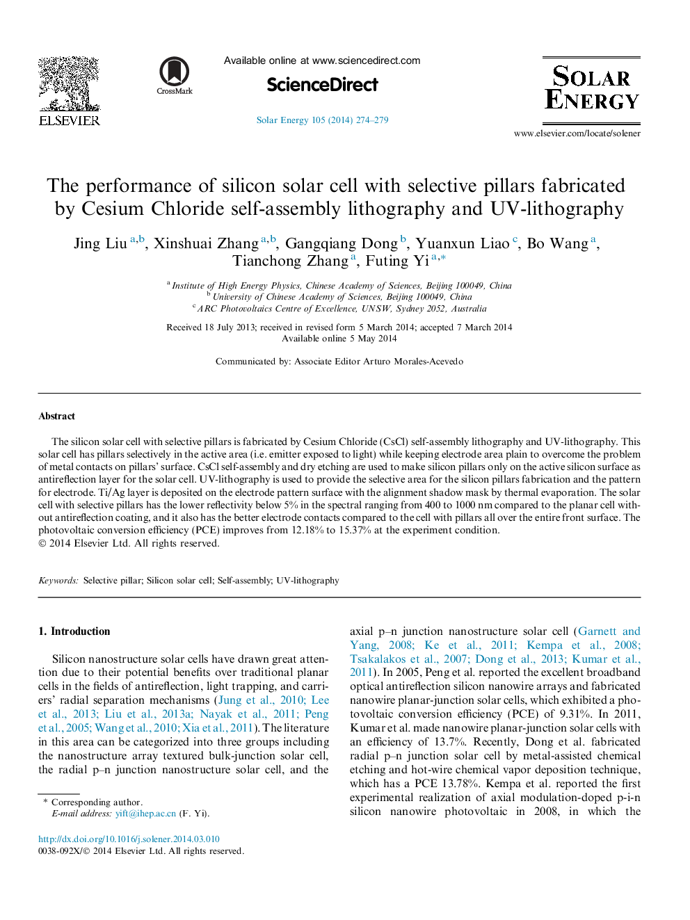 The performance of silicon solar cell with selective pillars fabricated by Cesium Chloride self-assembly lithography and UV-lithography