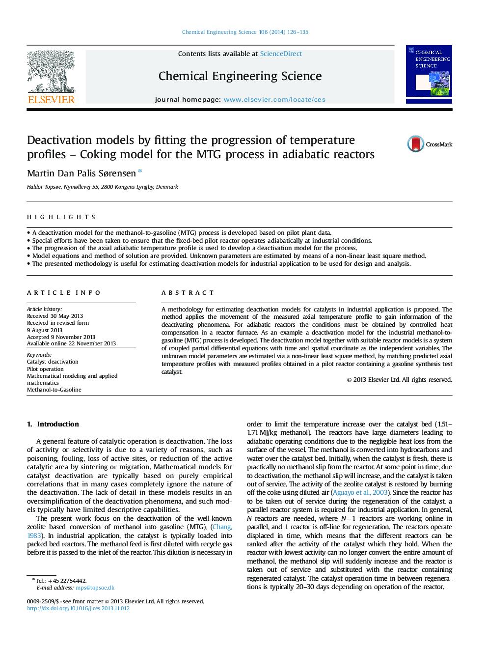 Deactivation models by fitting the progression of temperature profiles – Coking model for the MTG process in adiabatic reactors