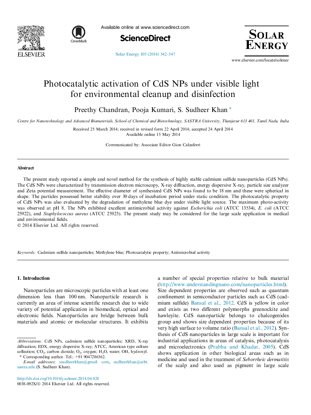 Photocatalytic activation of CdS NPs under visible light for environmental cleanup and disinfection