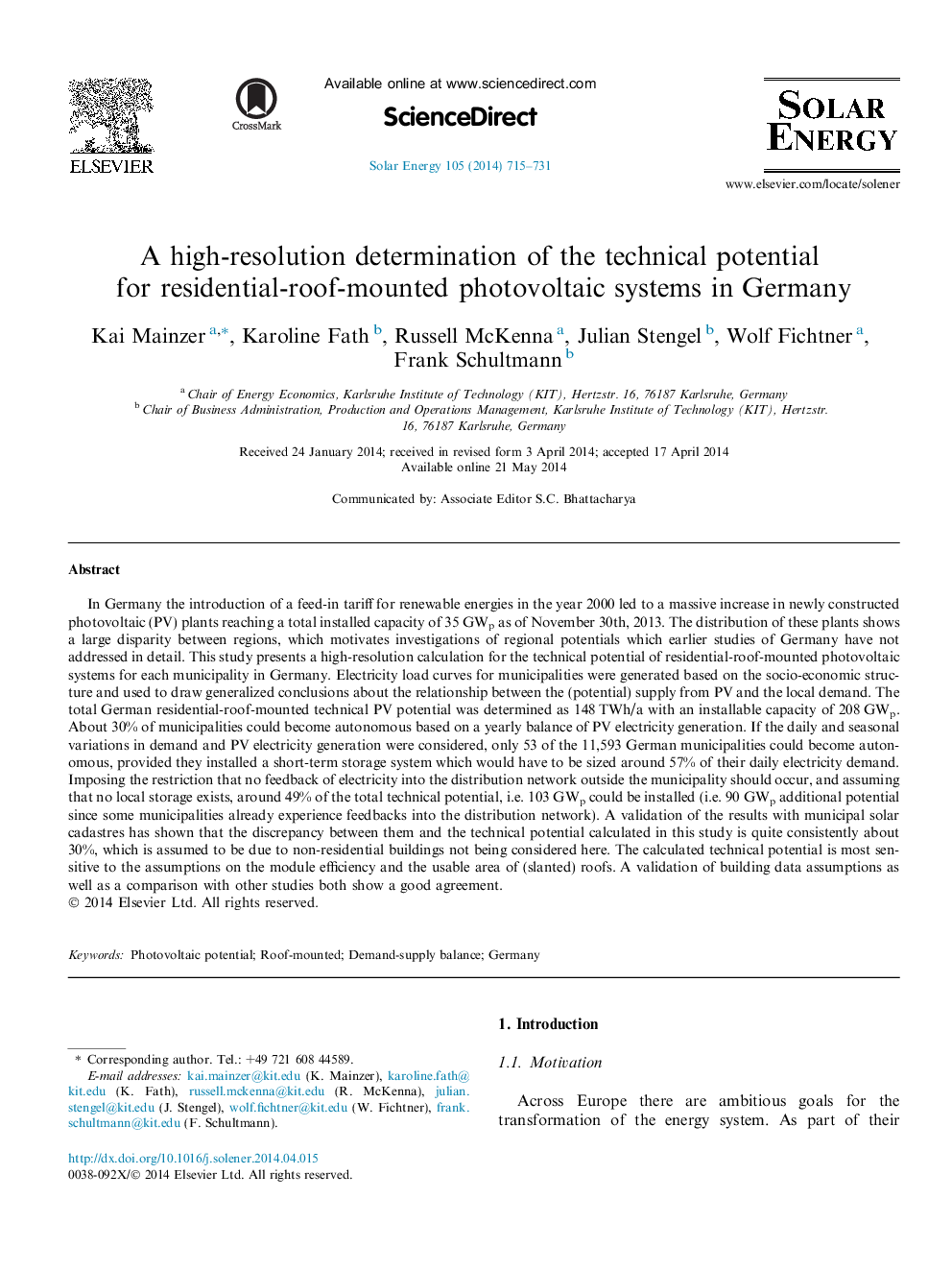 A high-resolution determination of the technical potential for residential-roof-mounted photovoltaic systems in Germany