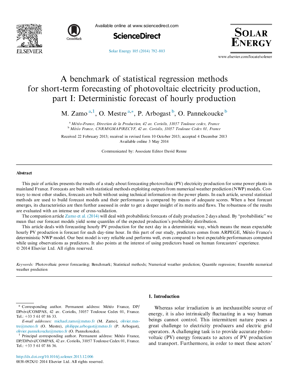 A benchmark of statistical regression methods for short-term forecasting of photovoltaic electricity production, part I: Deterministic forecast of hourly production