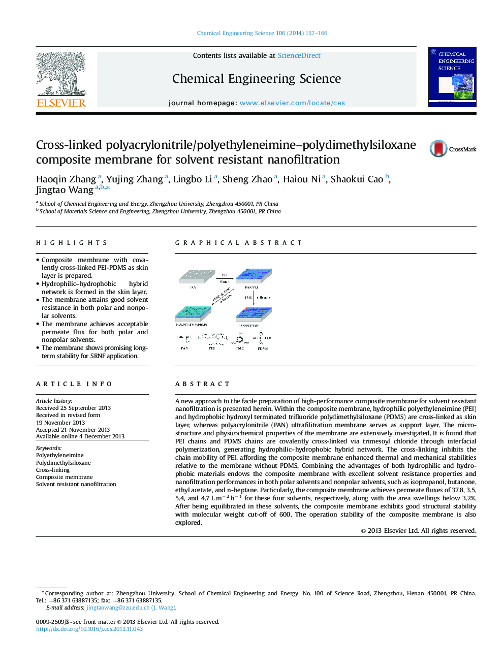 Cross-linked polyacrylonitrile/polyethyleneimine–polydimethylsiloxane composite membrane for solvent resistant nanofiltration