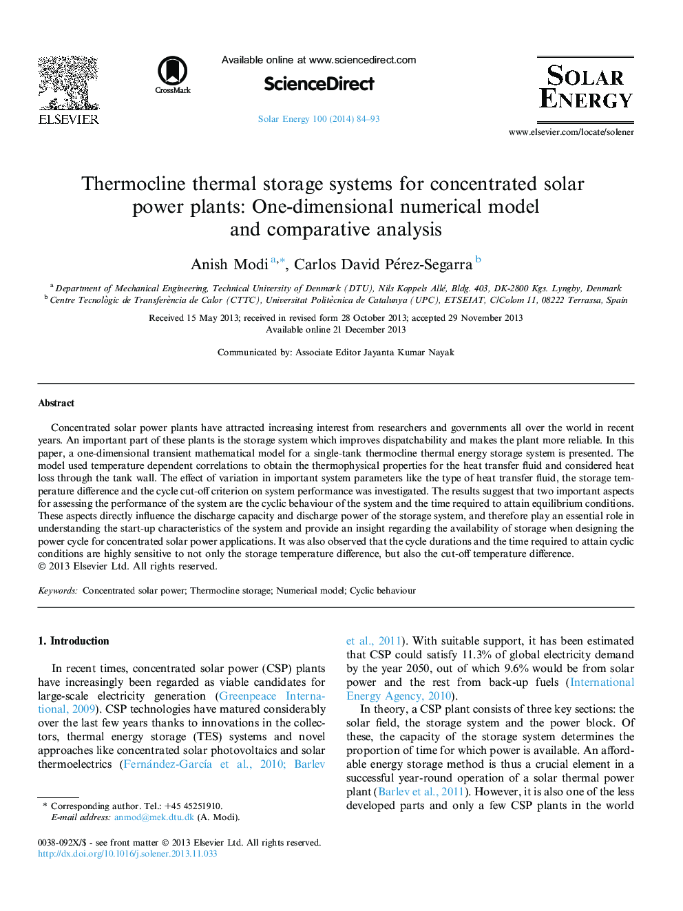 Thermocline thermal storage systems for concentrated solar power plants: One-dimensional numerical model and comparative analysis