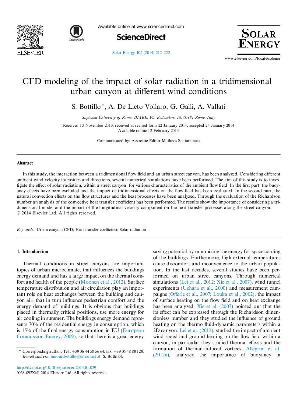 CFD modeling of the impact of solar radiation in a tridimensional urban canyon at different wind conditions