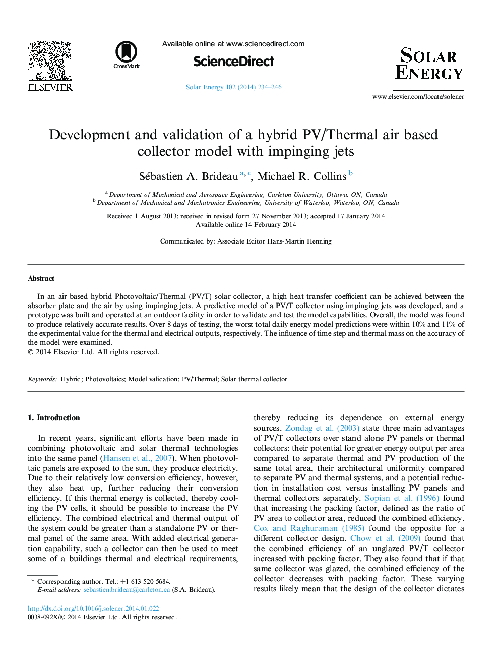 Development and validation of a hybrid PV/Thermal air based collector model with impinging jets