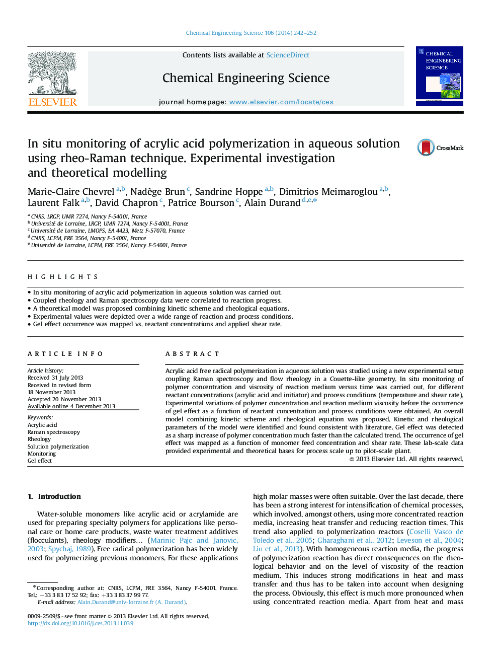 In situ monitoring of acrylic acid polymerization in aqueous solution using rheo-Raman technique. Experimental investigation and theoretical modelling