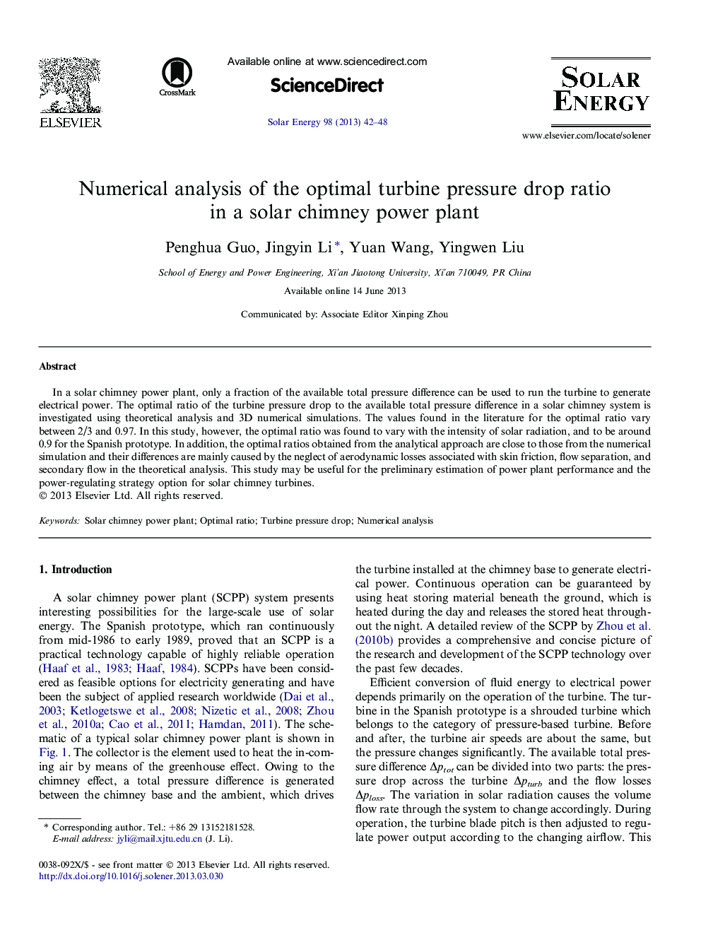 Numerical analysis of the optimal turbine pressure drop ratio in a solar chimney power plant