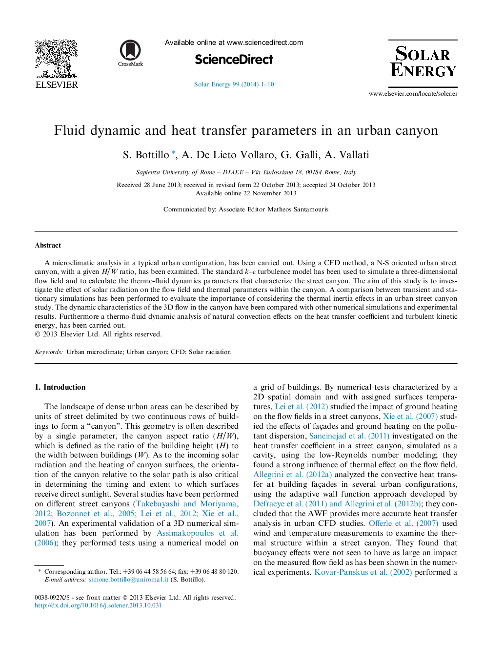 Fluid dynamic and heat transfer parameters in an urban canyon