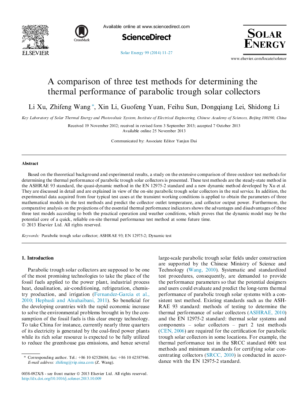 A comparison of three test methods for determining the thermal performance of parabolic trough solar collectors