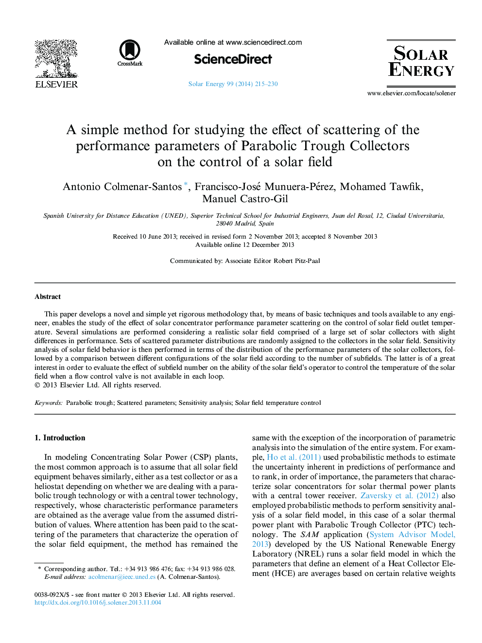 A simple method for studying the effect of scattering of the performance parameters of Parabolic Trough Collectors on the control of a solar field