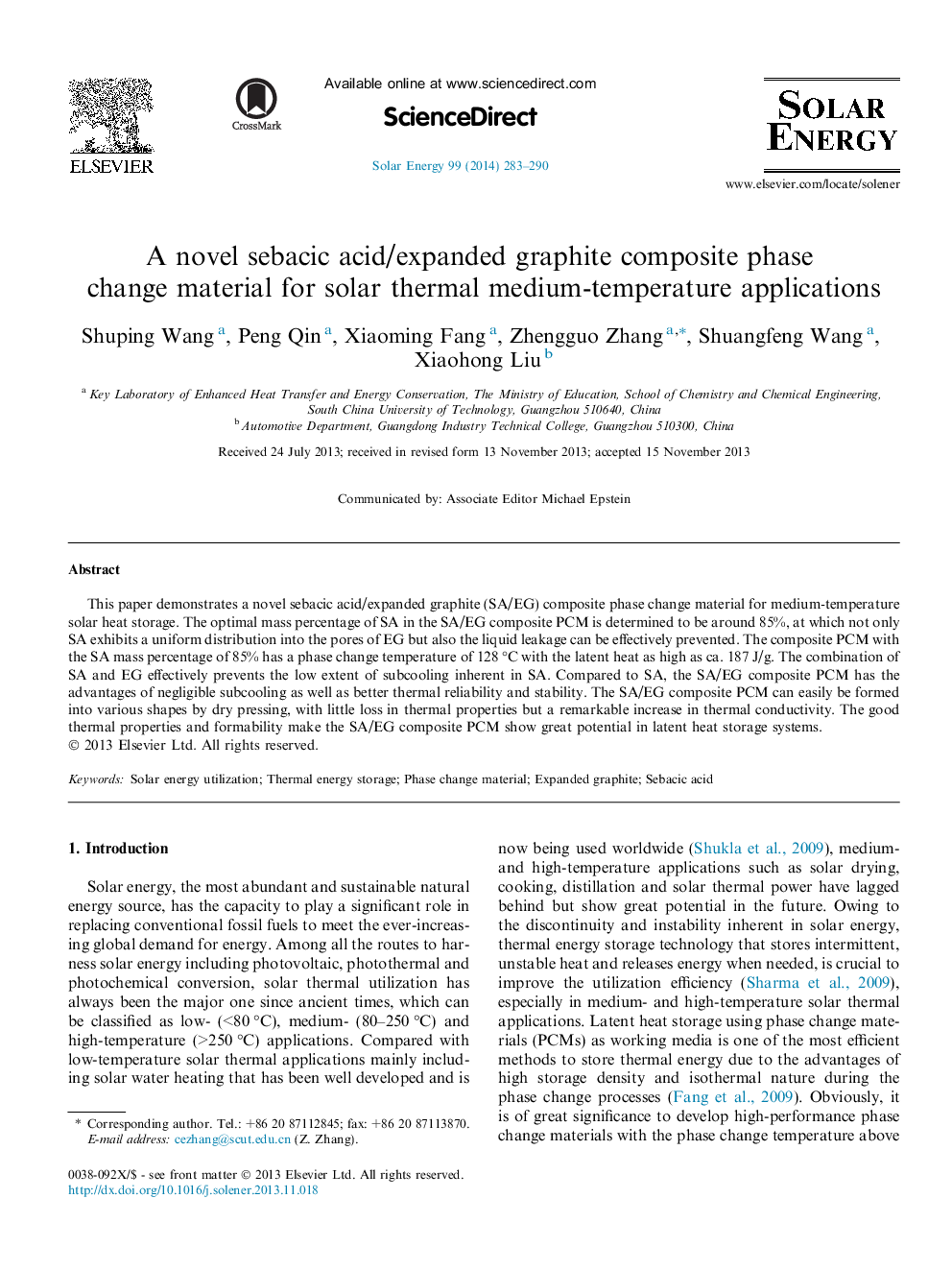 A novel sebacic acid/expanded graphite composite phase change material for solar thermal medium-temperature applications