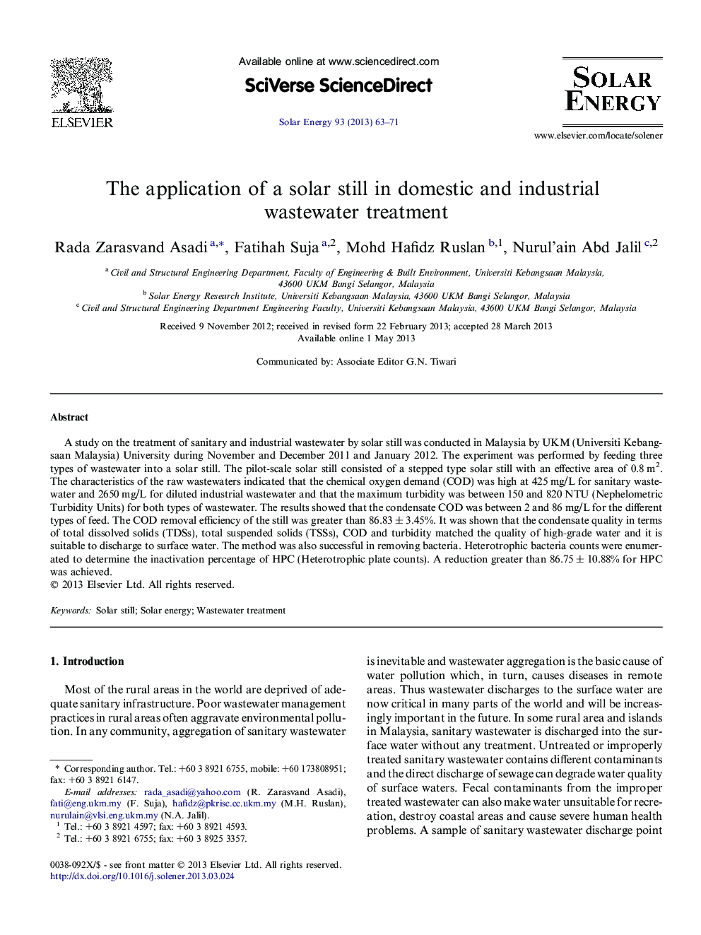 The application of a solar still in domestic and industrial wastewater treatment