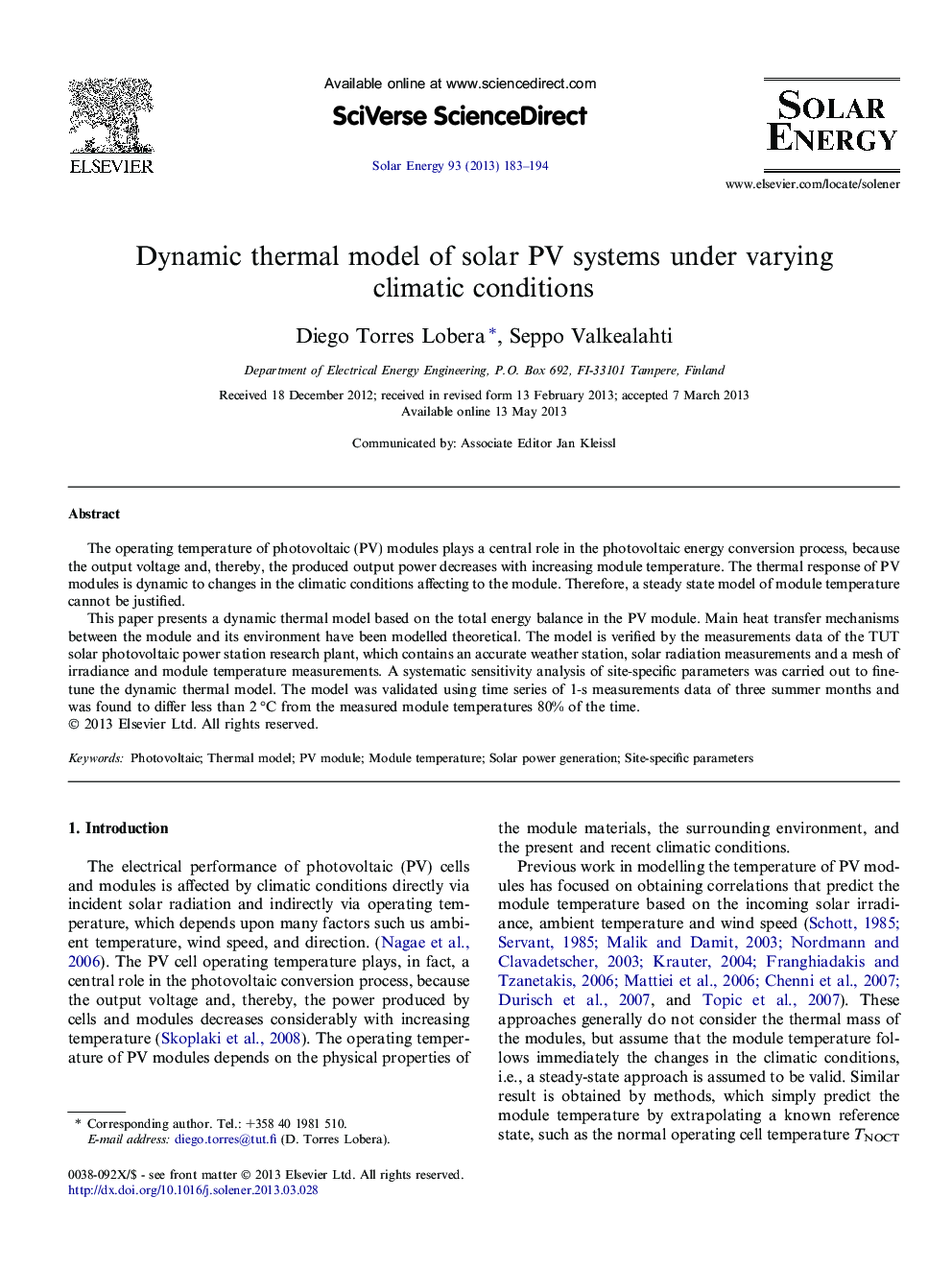 عکس صفحه اول مقاله: Dynamic thermal model of solar PV systems under varying climatic conditions Dynamic thermal model of solar PV systems under varying climatic conditions