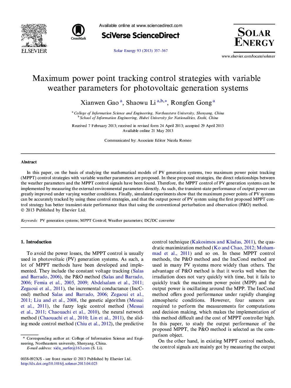 Maximum power point tracking control strategies with variable weather parameters for photovoltaic generation systems