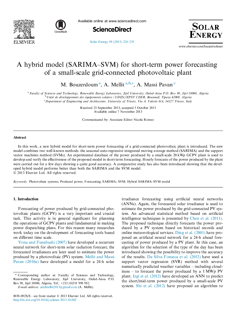 A hybrid model (SARIMA-SVM) for short-term power forecasting of a small-scale grid-connected photovoltaic plant