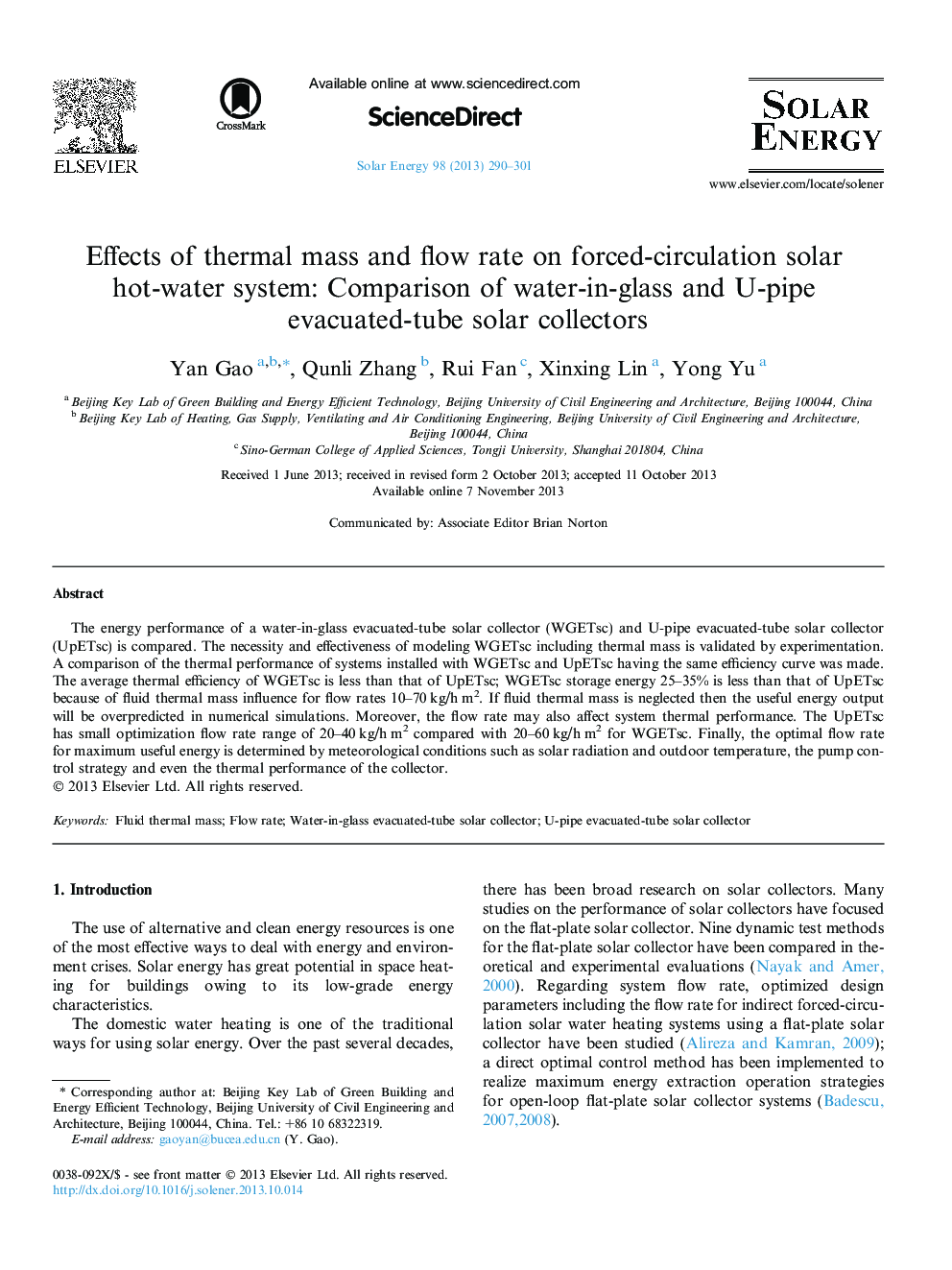 Effects of thermal mass and flow rate on forced-circulation solar hot-water system: Comparison of water-in-glass and U-pipe evacuated-tube solar collectors