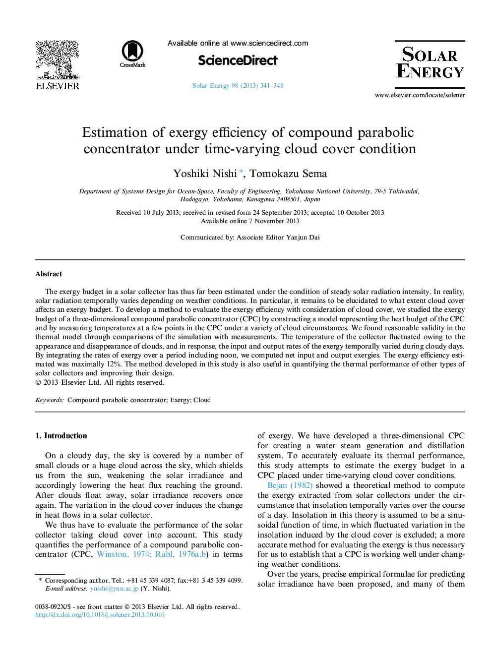 Estimation of exergy efficiency of compound parabolic concentrator under time-varying cloud cover condition