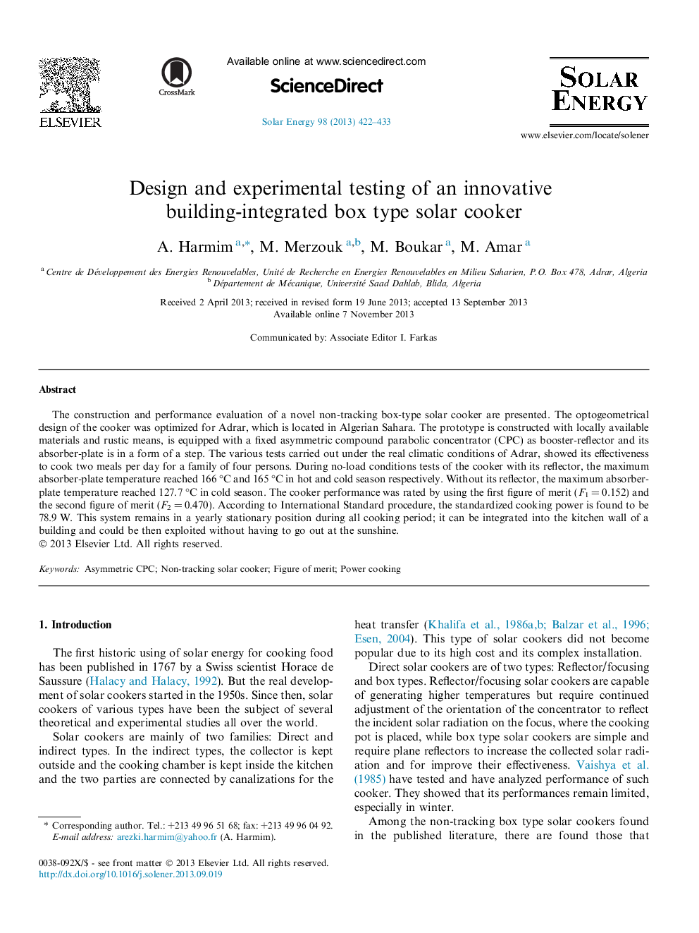 Design and experimental testing of an innovative building-integrated box type solar cooker