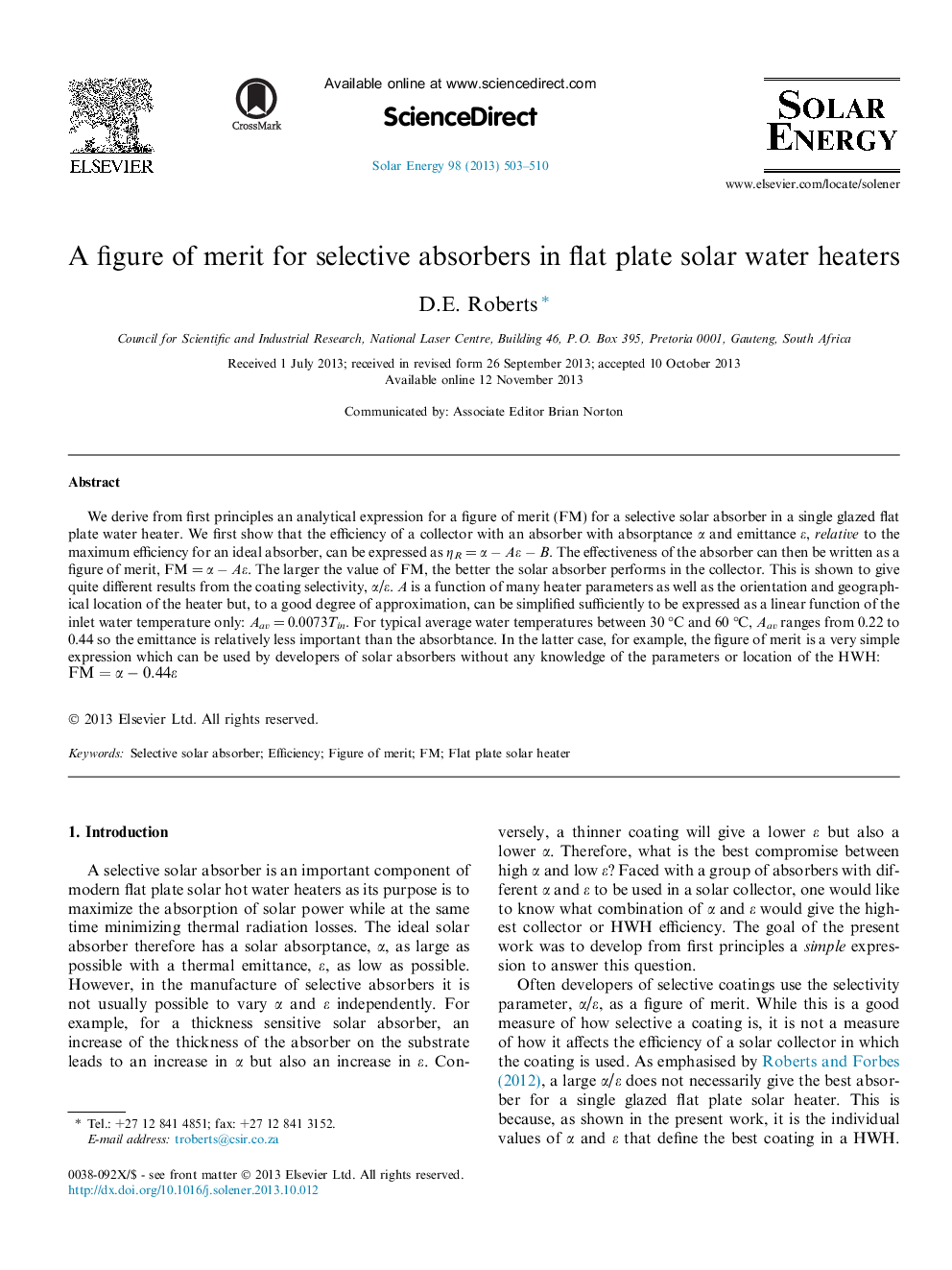 A figure of merit for selective absorbers in flat plate solar water heaters