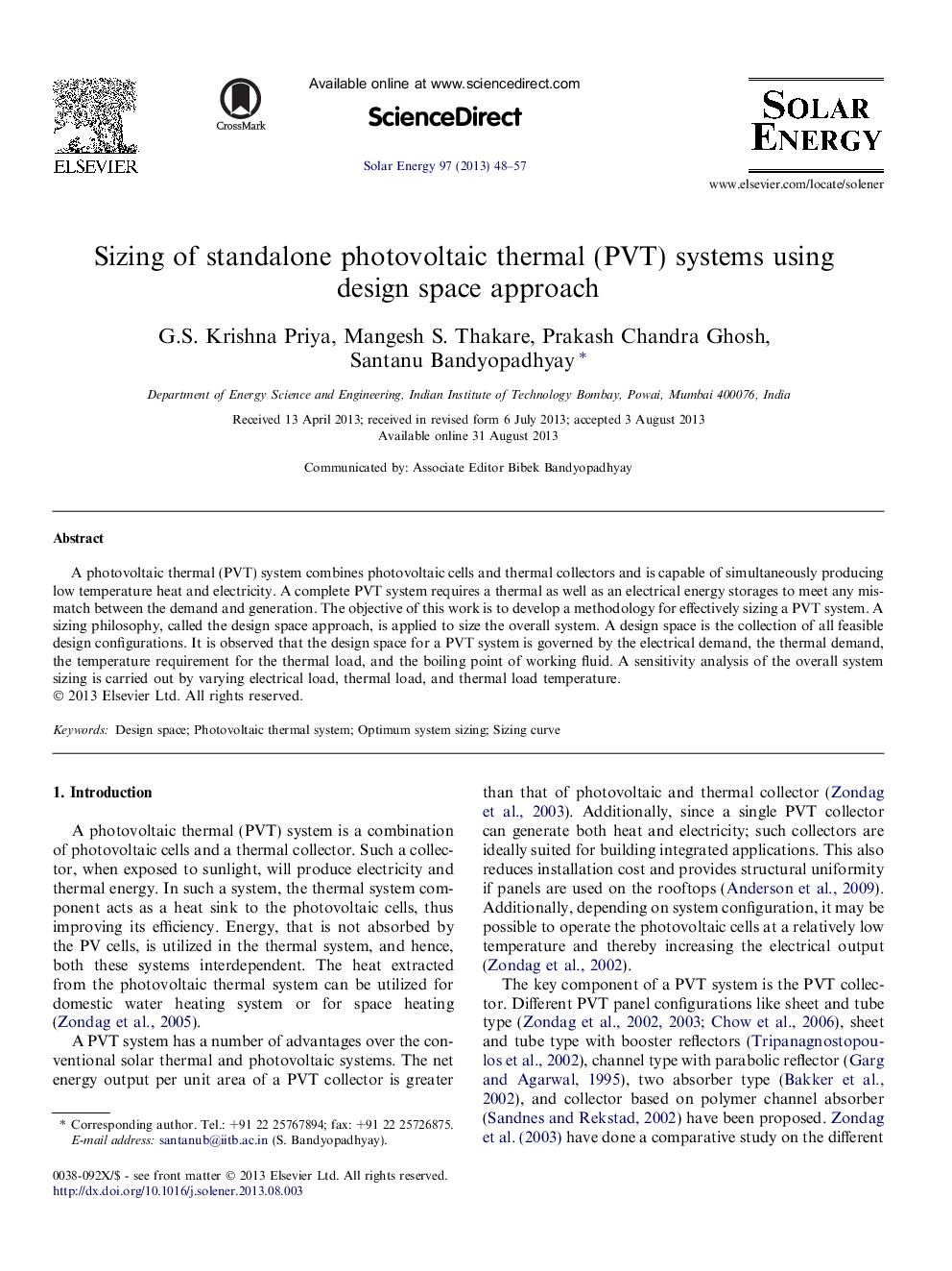 Sizing of standalone photovoltaic thermal (PVT) systems using design space approach