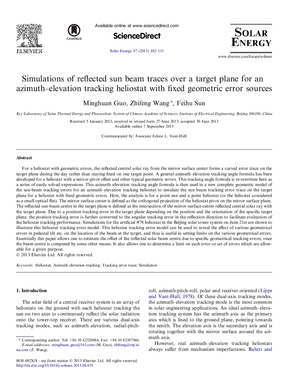 Simulations of reflected sun beam traces over a target plane for an azimuth–elevation tracking heliostat with fixed geometric error sources