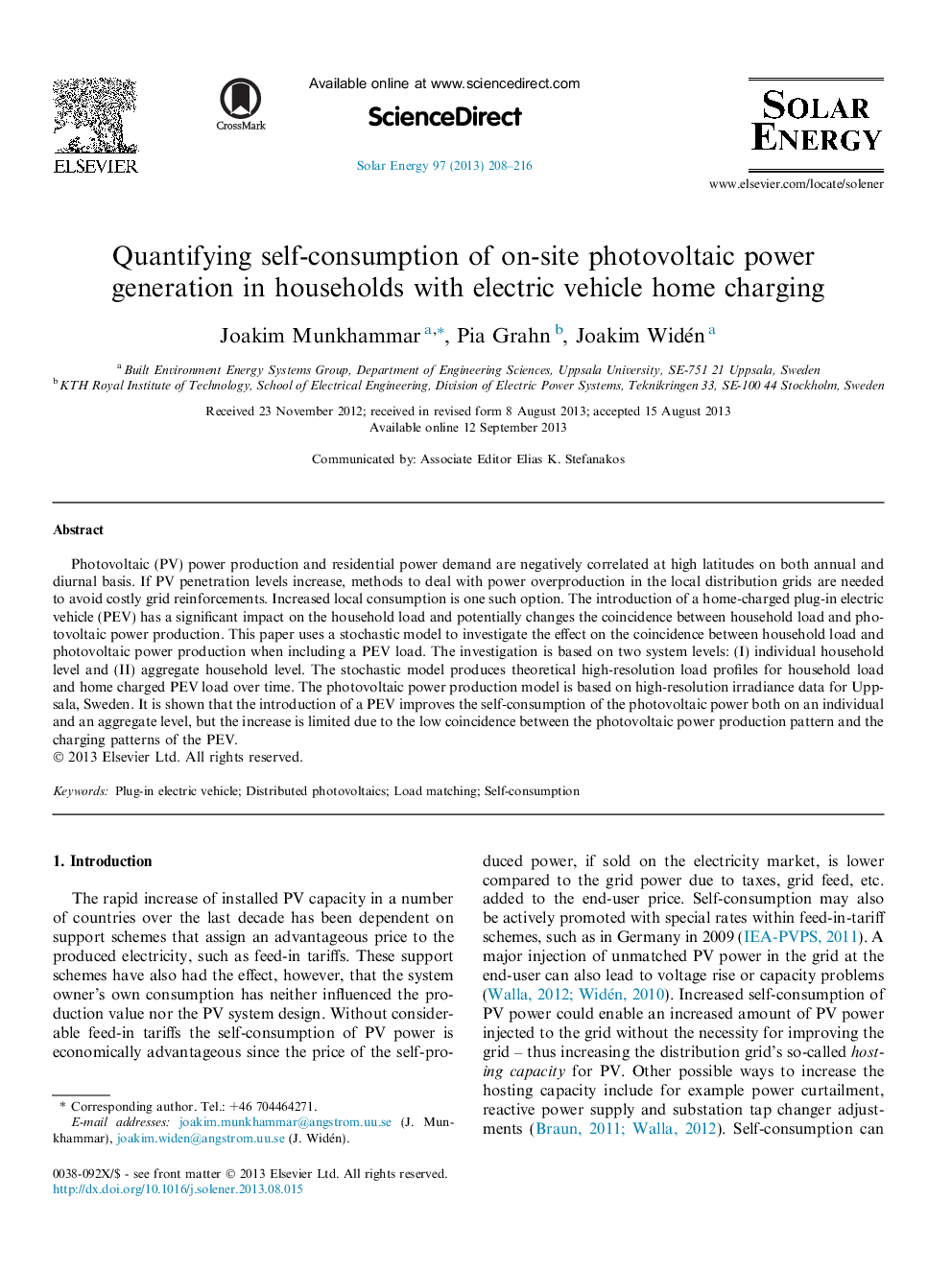 عکس صفحه اول مقاله: Quantifying self-consumption of on-site photovoltaic power generation in households with electric vehicle home charging Quantifying self-consumption of on-site photovoltaic power generation in households with electric vehicle home charging
