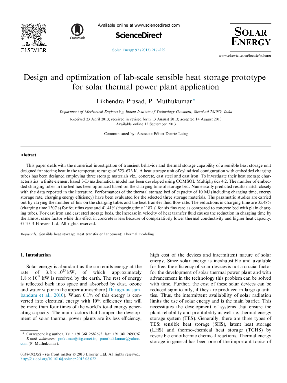 Design and optimization of lab-scale sensible heat storage prototype for solar thermal power plant application