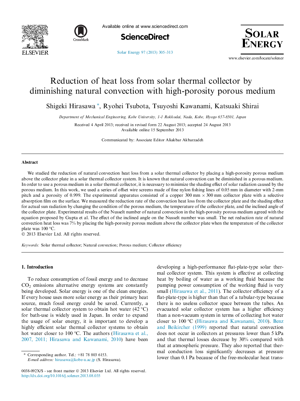 Reduction of heat loss from solar thermal collector by diminishing natural convection with high-porosity porous medium