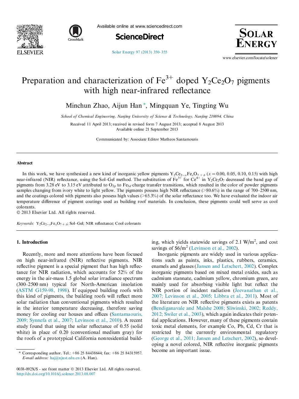 Preparation and characterization of Fe3+ doped Y2Ce2O7 pigments with high near-infrared reflectance